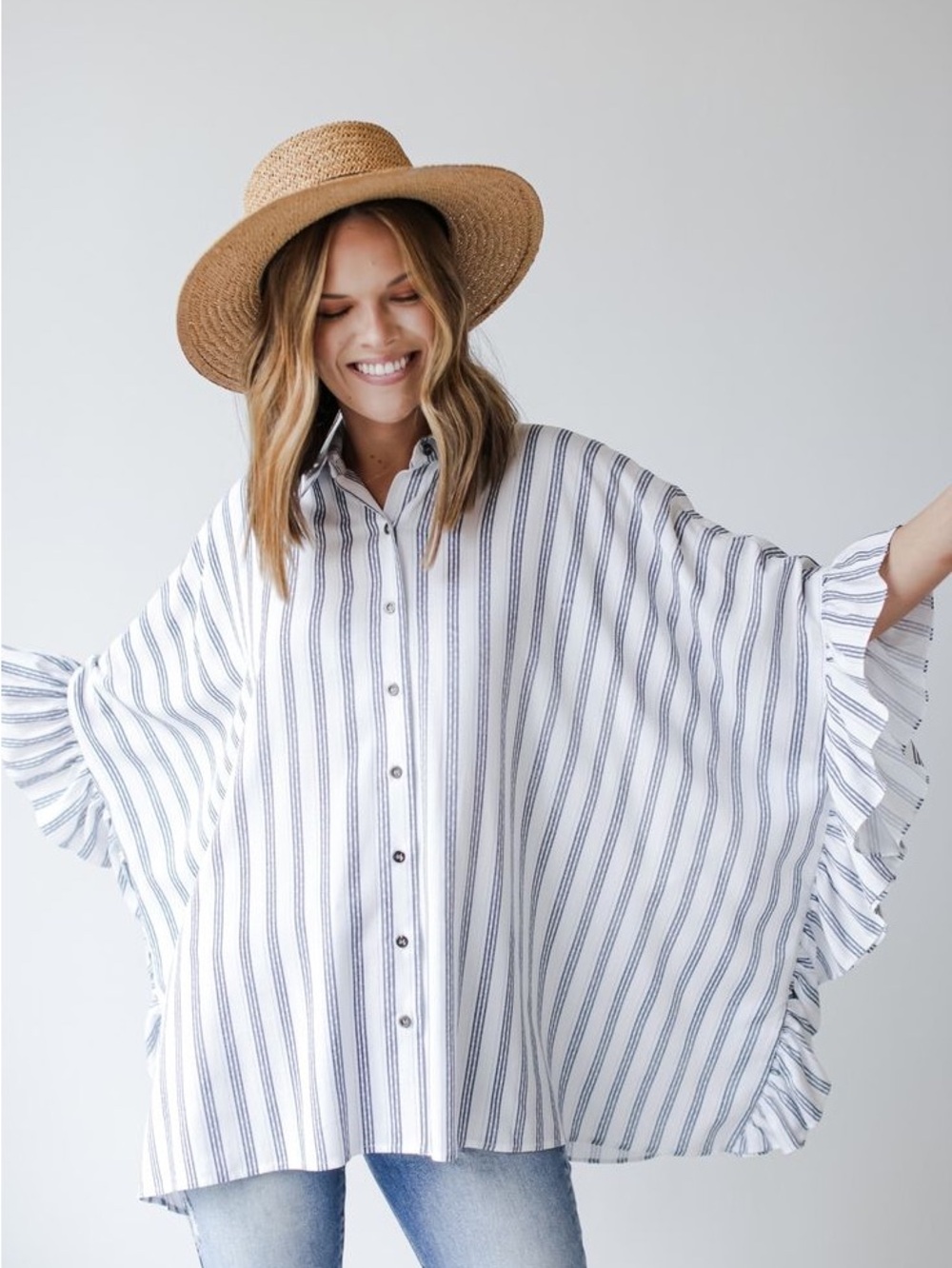 I.JOAH Striped Ruffle Sleeve Oversized Blouse